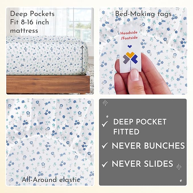 California Design Den Full Size Bed Sheets Set - 400 Thread Count Sateen, Natural 100% Cotton Sheets, Deep Pocket Cooling and Durable Bedding - Blooming Meadows