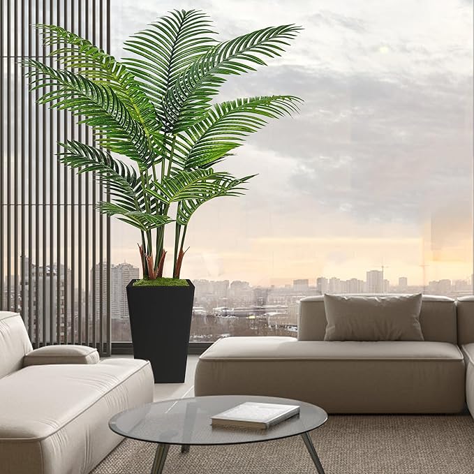 6FT Artificial Palm Tree, Tall Faux Palm Tree Indoor with Black Fake Plants Tall, Artificial Plants with Lifelike Leaves for Home Office Decor (Black)
