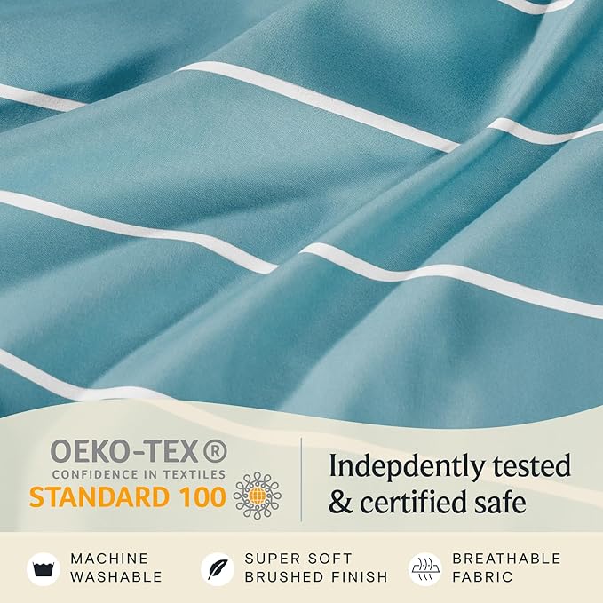 LuxClub 4 PC Queen Size Sheet Set Bed Sheets, Breathable Luxury Deep Pockets 16" Wrinkle Free Cooling Sheets Machine Washable Hotel Bedding (Queen, Striped Light Blue)
