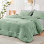 HYMOKEGE Sage Green/Light Grey King Size Comforter Set Seersucker 7 Pieces, All Season Luxury Bed in a Bag for Bedroom, Bedding Set with Comforter, Sheets, Pillowcases & Shams