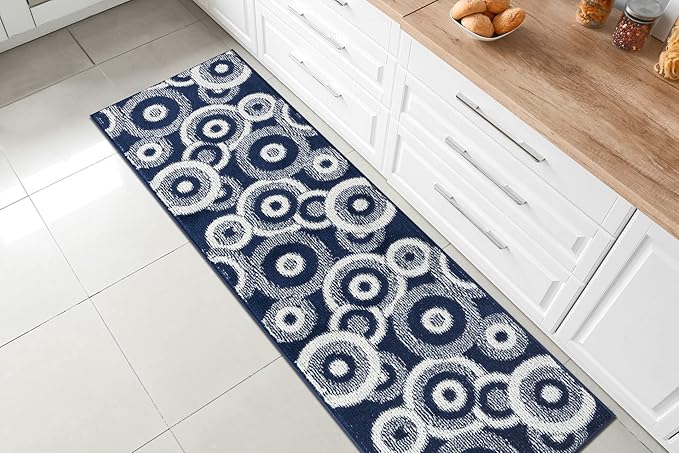 Custom Length Cut to Size Retro Modern Coastal Carpet Runner Rug for Hallways, Non Slip Rubber Backed, 31 inch Wide X Customized Length, Geo Blue, 31 inch X 8 feet