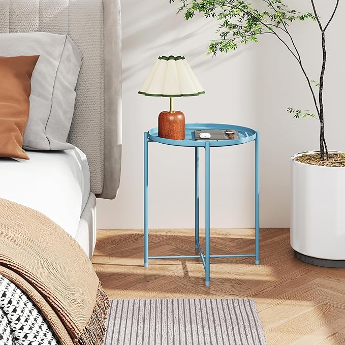 HollyHOME Round Metal Side Table, Outdoor Small Folding Accent Stand with Removable Tray, 17.72'' Portable End Table for Balconies, Gardens, Living Rooms and Bedrooms, Blue