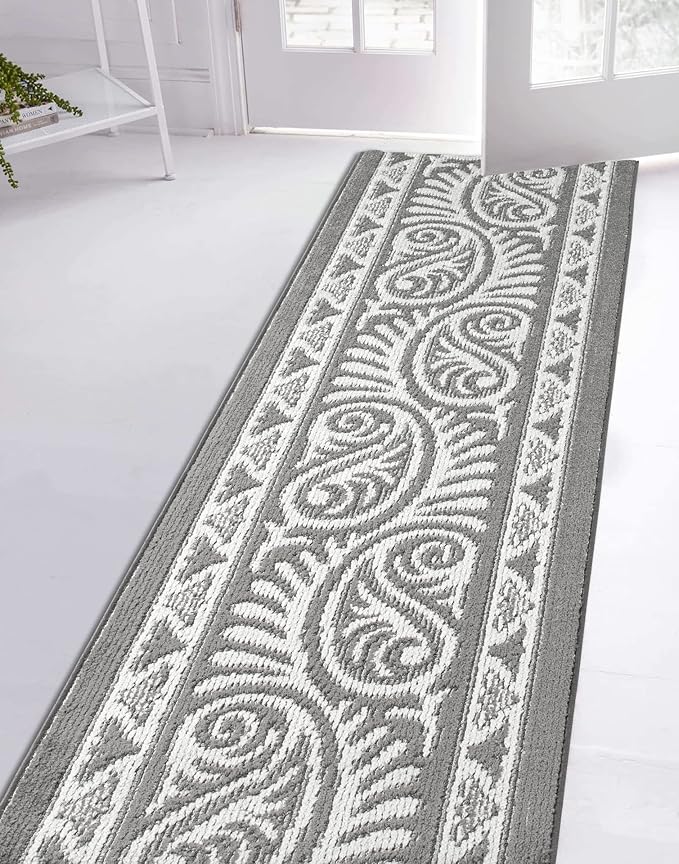 Custom Length Cut to Size Tribal Ethnic Southwestern Inspired Hallway Runner Rug, Non Slip Rubber Backed, 31 inch Wide X Customized Length, Mayan Grey, 31 inch X 10 feet
