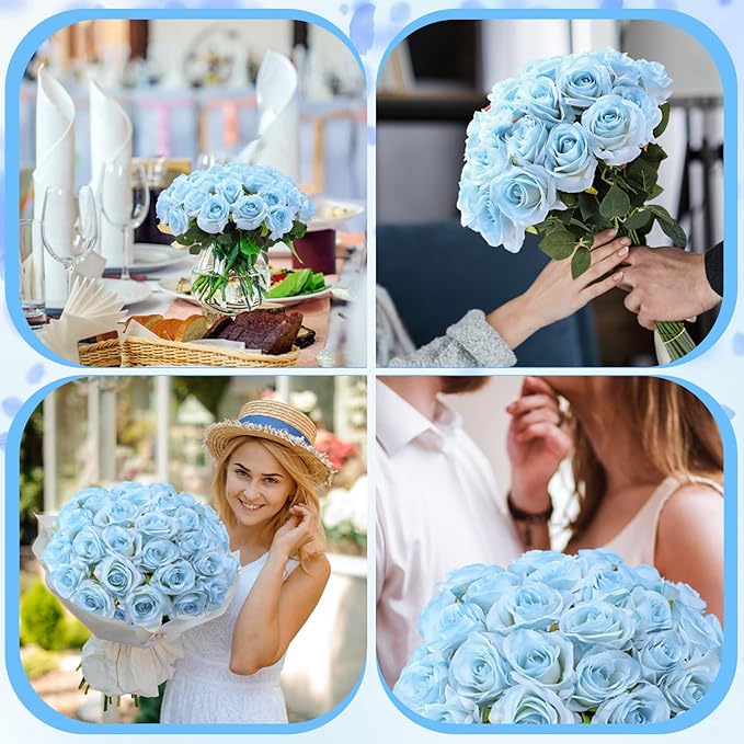 32 Pcs Ice Blue Artificial Roses Fake Flowers, Silk Flowers with Stems for DIY Wedding Bridal Shower Centerpieces Arrangements Tables Decorations