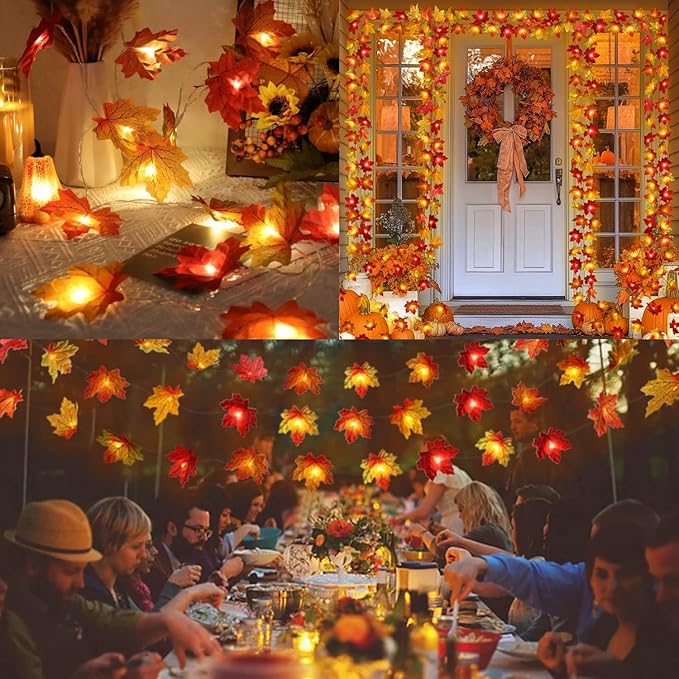 4 Pack Thanksgiving Decorations Maple Leaf Pumpkin Lights, Total 40Ft 80 LED Battery Operated 3D Pumpkin Fall Leaves Garland String Lights for Home Mantel Table Porch Door Indoor Outdoor Fall Decor