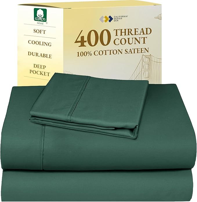 California Design Den Twin XL Sheet Sets - 400 Thread Count Sateen, 100% Cotton Sheets Set, Deep Pockets, Cooling and Durable Bedding for Dorm Rooms & Adults - Hunter Green