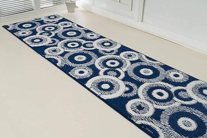 Custom Length Cut to Size Retro Modern Coastal Carpet Runner Rug for Hallways, Non Slip Rubber Backed, 31 inch Wide X Customized Length, Geo Blue, 31 inch X 6 feet