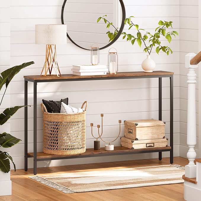 HOOBRO Console Table, 47.2" Narrow Entryway Table, Industrial Sofa Table with Shelf, Entrance Table for Living Room, Hallway, Foyer, Corridor, Office, Metal Frame, Rustic Brown and Black BF20XG01G1