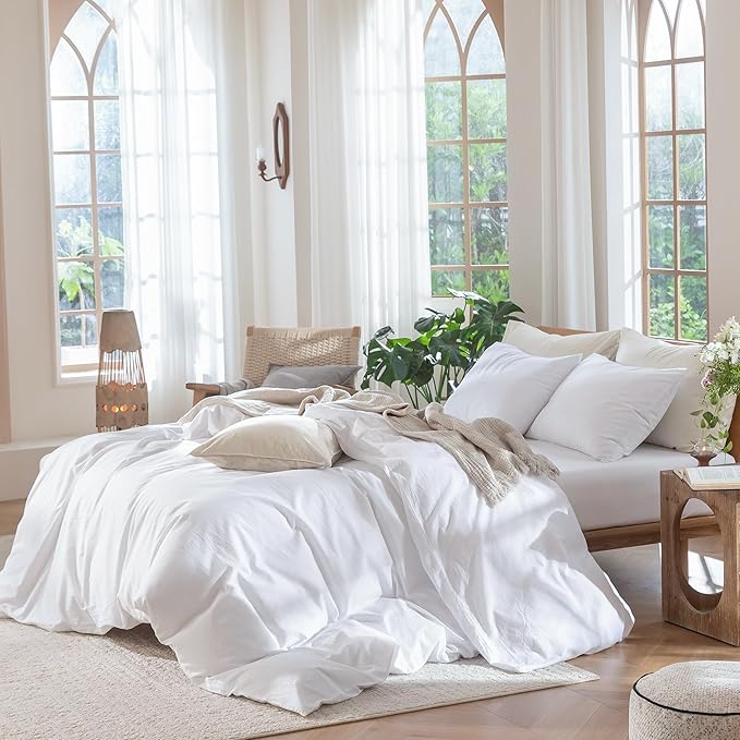 MooMee Bedding Duvet Cover Set 100% Washed Cotton Linen Like Textured Breathable Durable Soft Comfy (Solid Bright White, Full 80"x90")