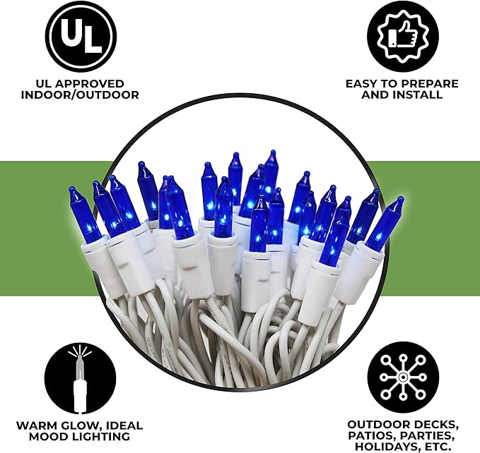 612 Vermont 50 Blue Christmas Lights on a White Wire String, UL Approved, Indoor and Outdoor Use, 9 Foot of Lighted Length, 11 Foot of Total Length