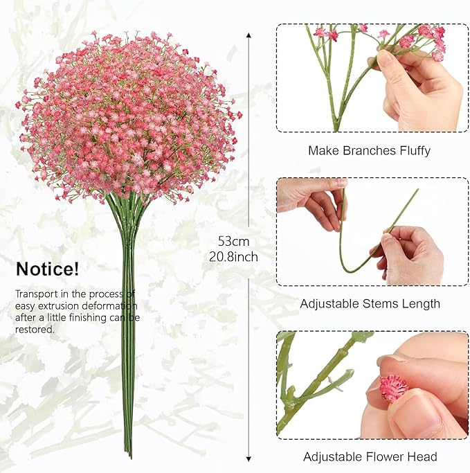 N&T NIETING Babys Breath Artificial Flowers Bulk, 10Pcs Fake Gypsophila Bouquet Flowers Real Touch Faux Babies Breath Arrangement for Wedding Floral Party Home Centerpieces Vase Decoration, Pink