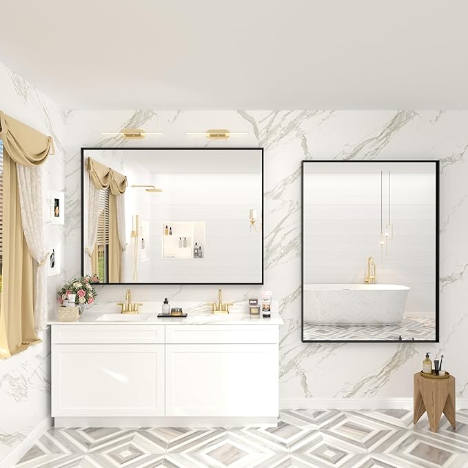 48x36 Inch Matte Black Bathroom Mirror, Modern Rectangle Metal Framed Mirrors for Wall, Black Vanity Mirror with Square Corner, Shatter-Proof, Anti-Rust (Horizontal/Vertical)