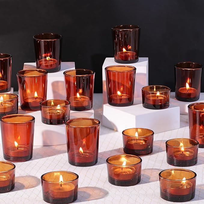 36pcs Assorted Amber Votive Candle Holders for Fall Decor, Amber Glass Candle Holder for Wedding Table Centerpiece, Tealight Candle Holder for Party, Thankgiving and Christmas Decorations