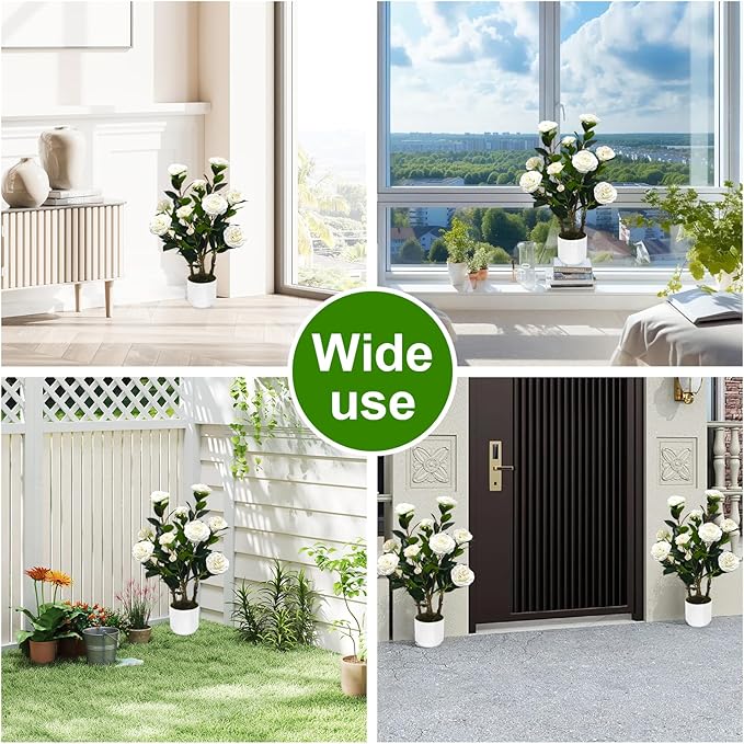 2Pack Artificial Camellia Tree, 2FT Faux Camellia Plant in Pot with White Flowers for Spring Home Front Door Outdoor Indoor Decoration,White