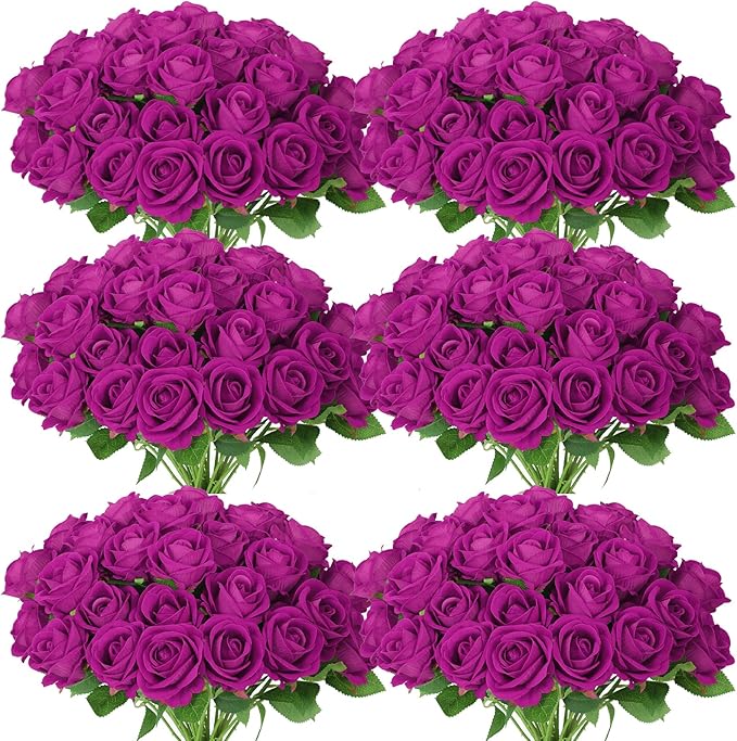 52 PCS Purple Artificial Roses Bulk, Fake Artificial Flowers Bridal Bouquet Silk Faux Rose with Stems for Wedding Flowers Decoration, Valentine's Day, Bridal Bouquet, Anniversary, Home Decor (52PCS)
