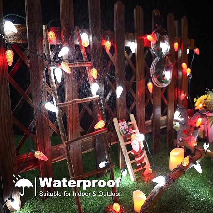 Brizled Red & White Christmas Lights, 66ft 100 LED C9 Faceted Christmas Lights, Connectable Outdoor Strawberry String Light, 120V UL Certified Indoor Xmas Light for Tree House Garden Party & Holiday