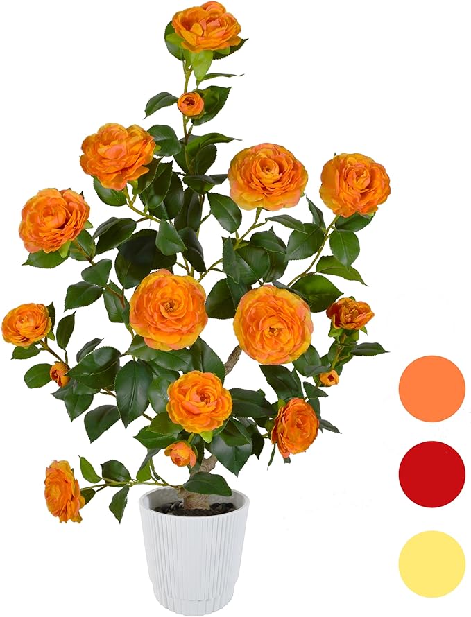 Artificial Camellia Tree 3ft, Fake Plant in White Pot, Faux Camellia Silk Flower Potted Tree for Indoor Outdoor Home Livingroom Office Decor (Orange)