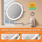 Auxmir 1X/30X Wall Mounted Lighted Makeup Mirror, 8" 3200 mAh Rechargeable Double-Sided Magnifying Mirror, Touch Dimmable 3 Color Lights, 360° Rotating Foldable 14.5" Extension Arm, Brushed Nickel