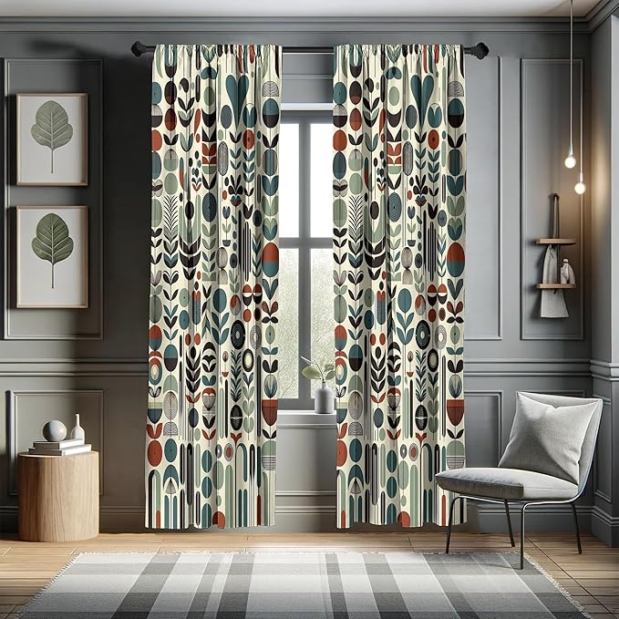 Ambesonne Leafy Art Window Curtains Pack of 2, Scandinavian Leaves Pattern with Geometric Roundy Modern Boho Print, Lightweight Set with Rod Pocket, 4 Panels of - 28" x 84", Pale Green Redwood Teal