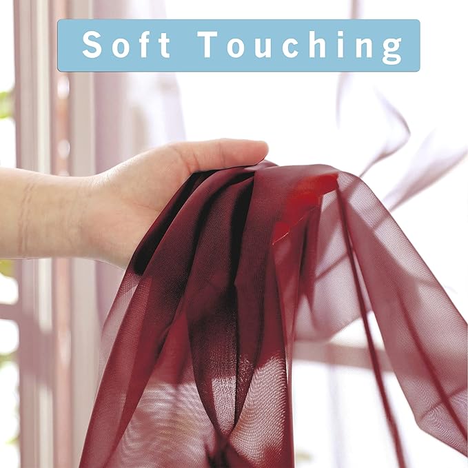 OWENIE Sheer Curtains, 45" Long Light Filtering Tiers for Kitchen, Bedroom, 2 Panels, Cafe Curtains for Small Window, 42" W x 45" L, Burgundy