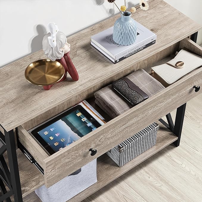 Yaheetech Console Table with Drawer, Entryway Table with 3 Tier Storage Shelves, Narrow Long Sofa Table for Entryway, Living Room, Hallway, Couch, Kitchen, Metal Frame, Gray