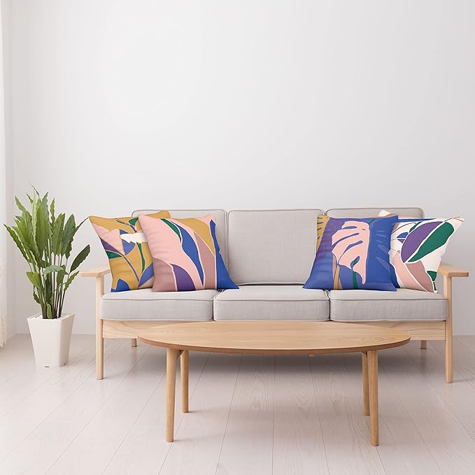 Ambesonne Exotic Throw Pillow Cushion Case Pack of 4, Tropical Themed Leaves Branches Monstera Plant Summer Vibes Pastel, Modern Accent Double-Sided Digital Printing, 16", Peach Blue Violet Mustard