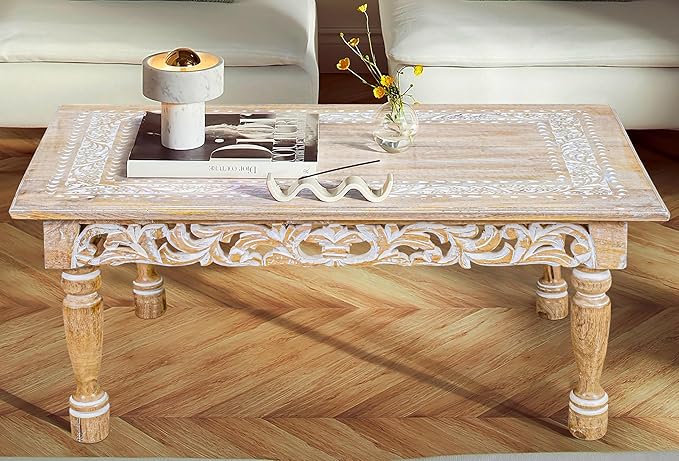 Rectangular Wooden Coffee Table 36x24x18 Inch – Beige Finish with Cutwork Jali Carving, Rustic Farmhouse Style, Mid-Century Modern Living Room Furniture