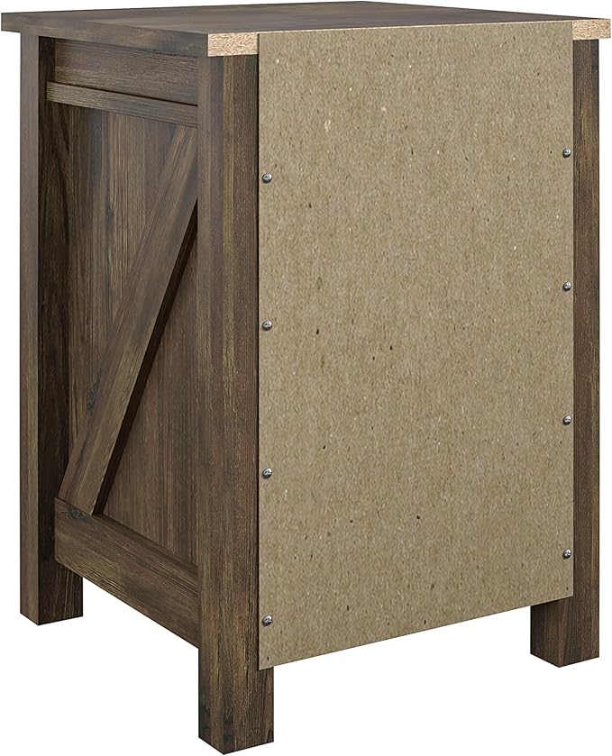 Ameriwood Home Farmington Country Style Nightstand with Barn Door Design, Concealed Drawer and Open Cubby, Textured Weathered Medium Brown Finish
