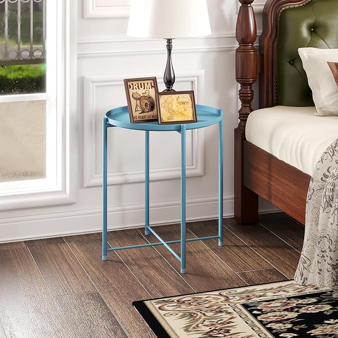 HollyHOME Round Metal Side Table, Outdoor Small Folding Accent Stand with Removable Tray, 17.72'' Portable End Table for Balconies, Gardens, Living Rooms and Bedrooms, Blue
