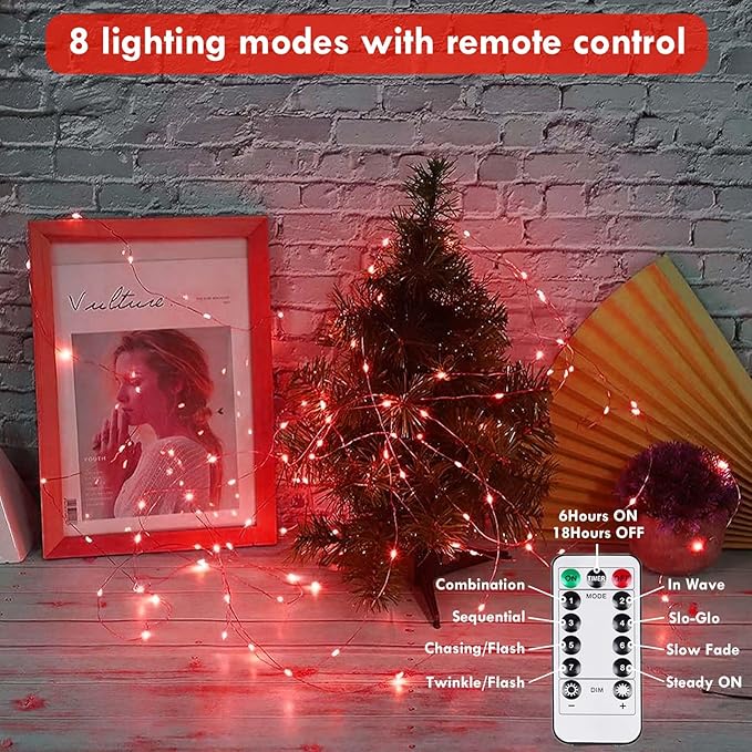 3 Pack Fairy Lights Battery Operated with Remote Control Timer, 26 FT 80 LED String Lights Outdoor Indoor Decorations, 8 Modes Twinkle Lights for Christmas Party Wedding Birthday Bedroom Décor (Red)