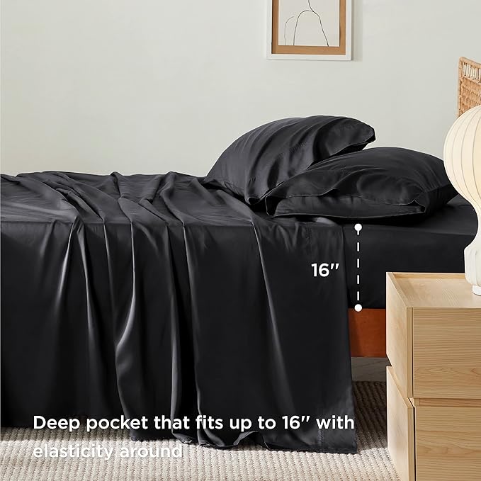 Bedsure Full Size Bed Sheets, Cooling Sheets, Rayon Derived from Bamboo, Breathable & Soft, Deep Pocket Up to 16 Inches, Hotel Luxury Silky Bedding for Hot Sleepers, Black