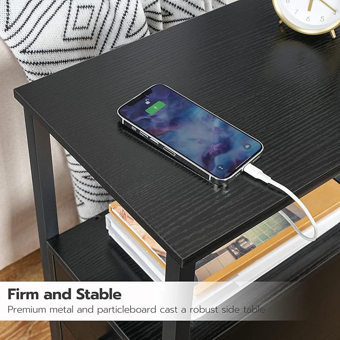 HOOBRO End Table with Charging Station, Narrow Side Table with 2 Drawer & USB Port & Power Outlets, Nightstand for Small Spaces, Stable and Sturdy, for Living Room, Bedroom, Black BK541BZ01