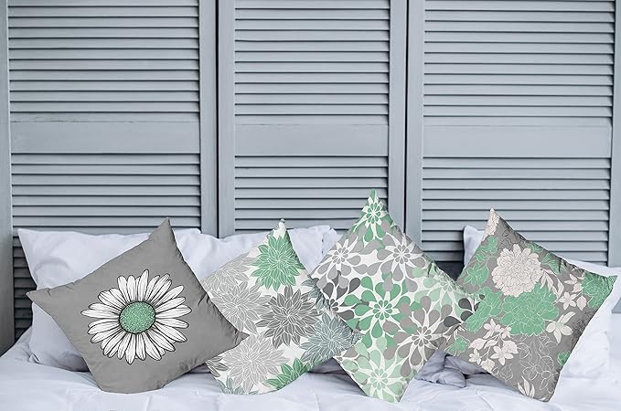 Ambesonne Floral Throw Pillow Cushion Case Pack of 4, Flower Petals Modern Color Palette Chamomile Peony Dahlia and Sunflower Print, Modern Accent Double-Sided Digital Printing, 24", Sea Green Grey
