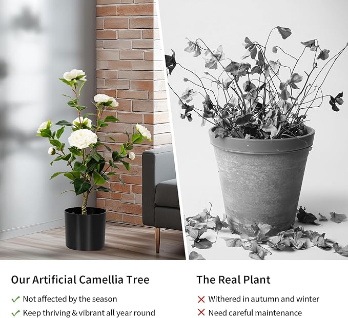 Artificial Camellia Tree 2 Pack, Artificial Plants Outdoor Faux Floral Plant in Cement Pot Fake Silk Camellia Tree Plants for Home House Living Room Office Decor