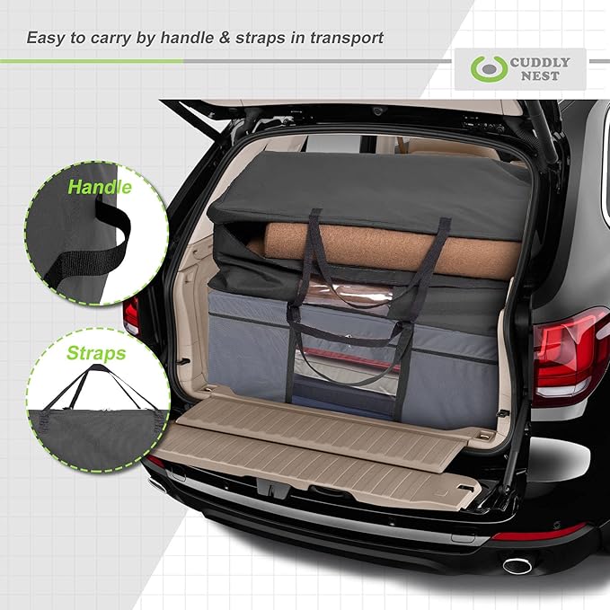 Cuddly Nest Folding Mattress Storage Bag - Heavy Duty Carry Case for Tri-Fold Guest Bed (Fits 4" Queen Mattress,Black)