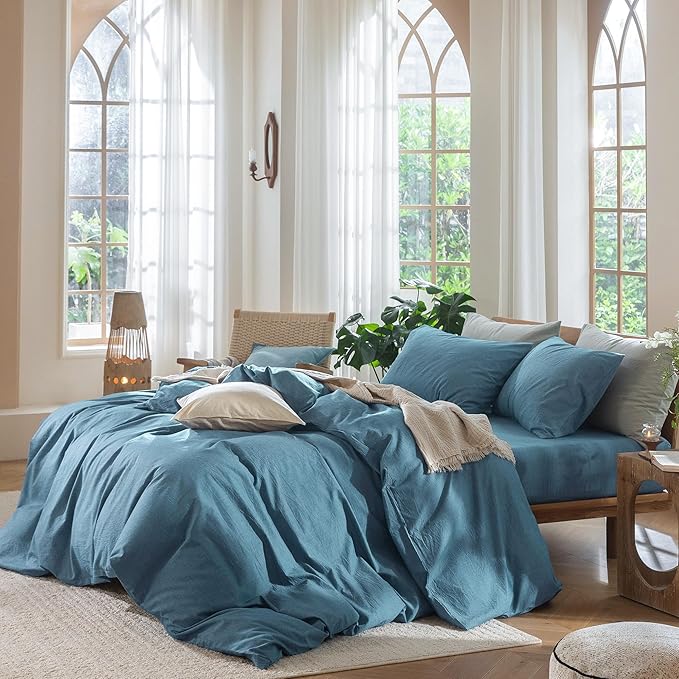 MooMee Bedding Duvet Cover Set 100% Washed Cotton Linen Like Textured Breathable Durable Soft Comfy (Heathered Peacock Blue, Twin 68"x90")