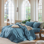 MooMee Bedding Duvet Cover Set 100% Washed Cotton Linen Like Textured Breathable Durable Soft Comfy (Heathered Peacock Blue, Queen 90"x90")