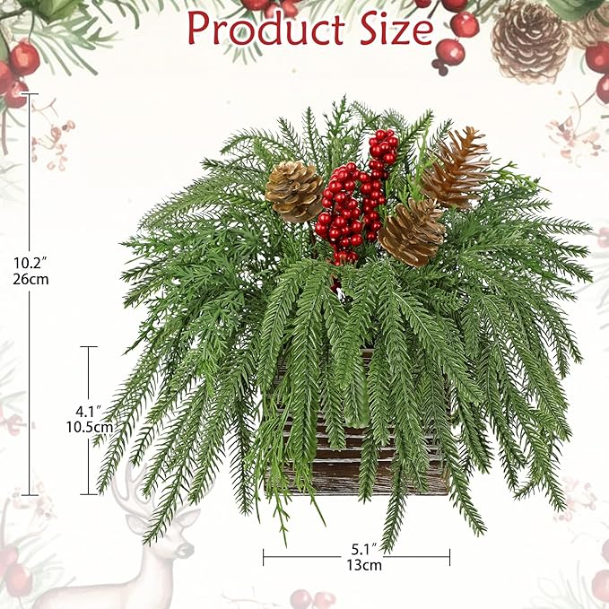Artificial Christmas Norfolk Pine Arrangement with Red Berries and Pinecones 10 Inch Holiday Table Centerpiece in Rustic Wooden Box Faux Tabletop Arrangement for Home Mantel Xmas Dining Table Decor