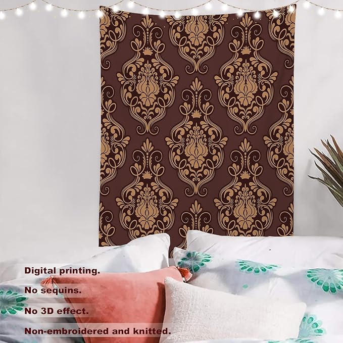 Batmerry Brown Damask Floral Tapestry,Vintage Golden Brown Damask Pattern Wall Art Hanging Decoration Polyester Fiber White Ruffled Around for Dorm Room Bedroom Living Room, 59.1x39.4 inches