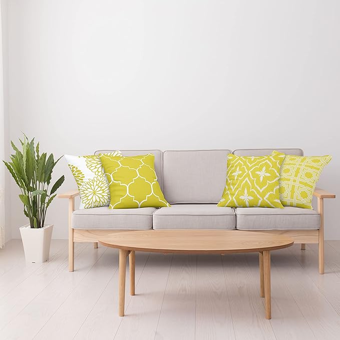 Ambesonne Vintage Throw Pillow Cushion Case Pack of 4, Monochrome Design Grid Trellis Quatrefoil Mesh and Dahlia Flowers Modern Print, Modern Accent Double-Sided Digital Printing, 18", Yellow White