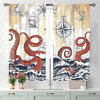 Nautical Octopus Curtains, Coastal Old Pirate Map Sailboat Compass Ocean Wave Kraken Octopus Tentacles Vintage Window Drapery Treatment for Bedroom Living Room Kitchen Bathroom 2 Panels, 55x39 Inch