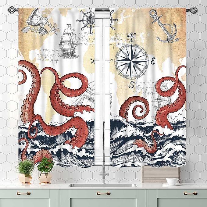 Nautical Octopus Curtains, Coastal Old Pirate Map Sailboat Compass Ocean Wave Kraken Octopus Tentacles Vintage Window Drapery Treatment for Bedroom Living Room Kitchen Bathroom 2 Panels, 55x39 Inch