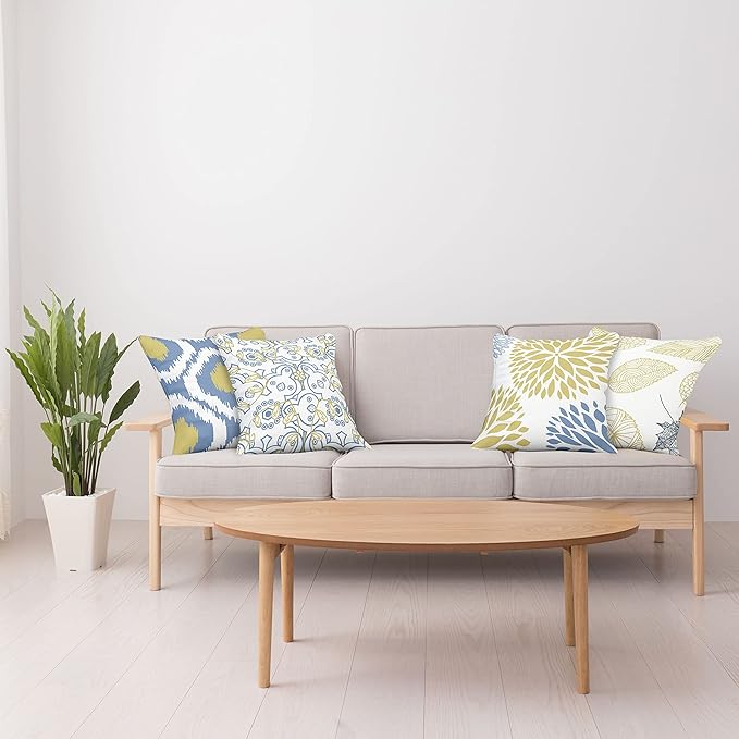 Ambesonne Vintage Throw Pillow Cushion Case Pack of 4, Bohemian Ornamental Leaves Dahlia Pattern Geometric Art Curlicue Motif, Modern Accent Double-Sided Digital Printing, 24", Mustard Dark Ceil Blue