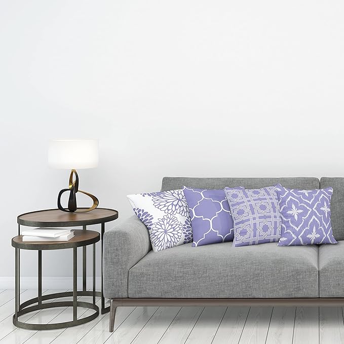 Ambesonne Vintage Throw Pillow Cushion Case Pack of 4, Monochrome Design Grid Trellis Quatrefoil Mesh and Dahlia Flowers Modern Print, Modern Accent Double-Sided Digital Printing, 20", Lavender White