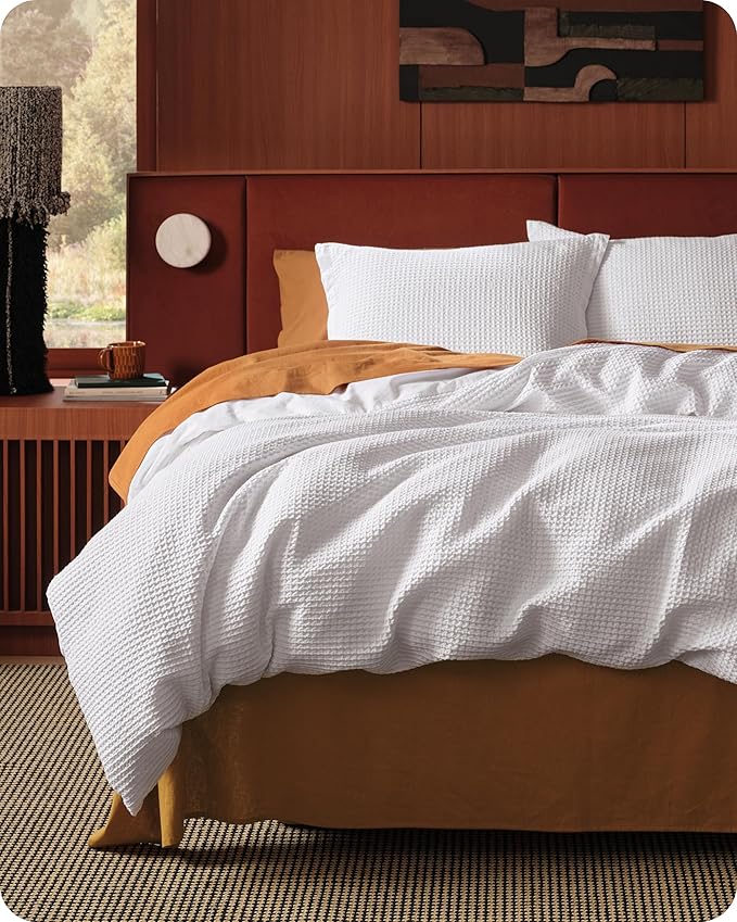 Bedsure Cotton Duvet Cover Set - 100% Cotton Waffle Weave Bright White Duvet Cover California King Size, GentleSoft™ and Breathable Cal King Bedding Set for All Season, 3 Pieces, 104"x98"