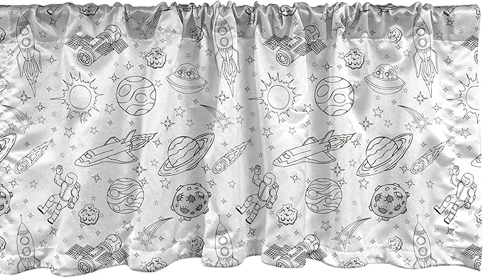 Ambesonne Cartoon Window Valance, Doodle Solar System Astronauts Space Crafts Shooting Stars Science Fiction Theme, Curtain Valance for Kitchen Bedroom Decor with Rod Pocket, 54" X 12", White Black