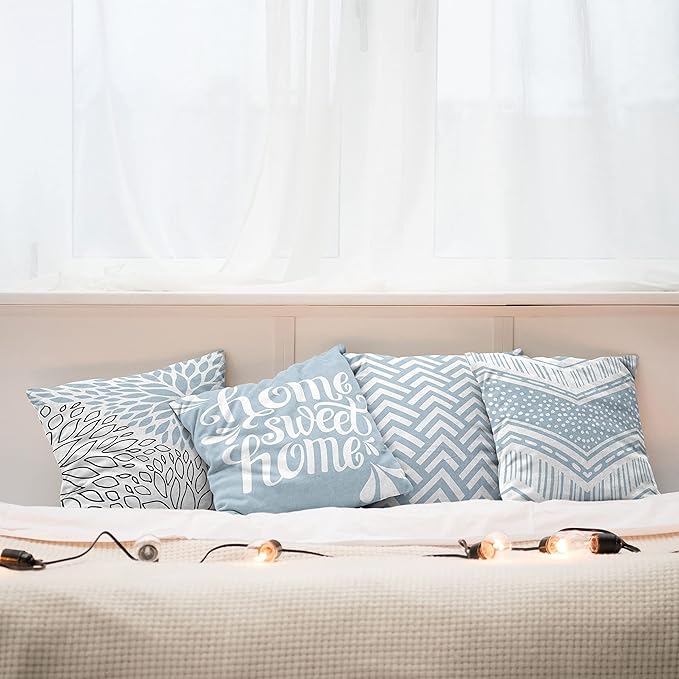 Ambesonne Geometric Throw Pillow Cushion Case Pack of 4, Home Phrase Minimal Zigzag Squama Dahlia Flower Petals Chevron Tribal, Modern Accent Double-Sided Digital Printing, 18", Pale Blue Grey White