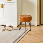 IBUYKE Faux Leather Round Footrest, Makeup Vanity Stool Side Table, PU Dressing Table Seat, Pouf Couch Stool, Golden Steel Legs, Light Brown LG-31J