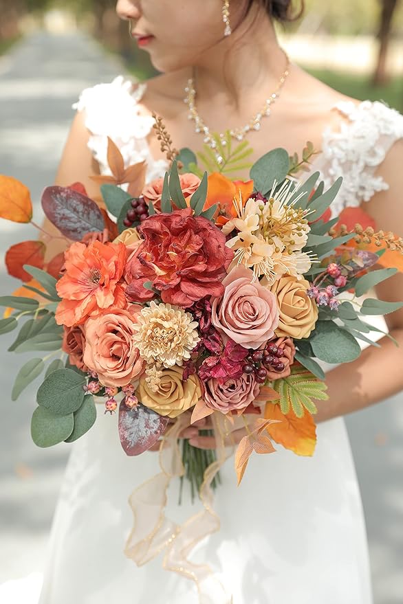 Artificial Flowers Combo Box Set Burnt Orange Fake Flower Leaf Box with Stems for DIY Wedding Bouquets Centerpieces Arch Arrangement Baby Shower Party Home Decorations