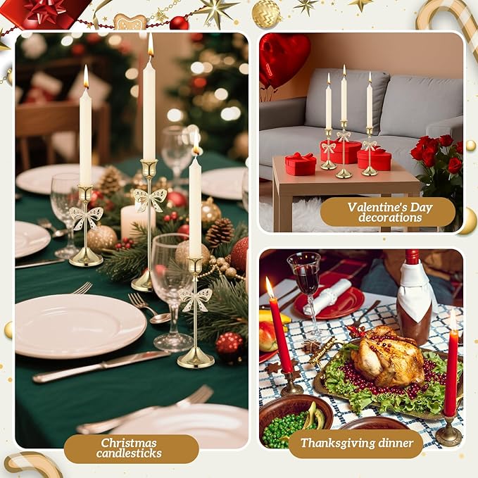 3 Pcs Christmas Candle Holders 3 Size Gold Taper Candlestick Holders Set Vintage Decorative Centerpiece for Table Mantel Wedding Housewarming Thanksgiving Gifts (Bowknot)